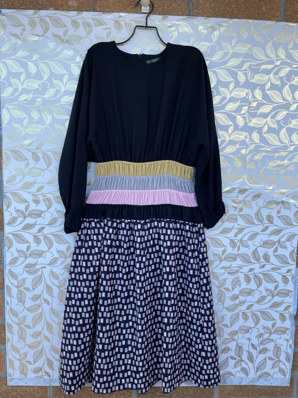 GAVANO Italy Dolman Sleeve Mod Midi Dress Geometric Colorblock Smocked Waist 42